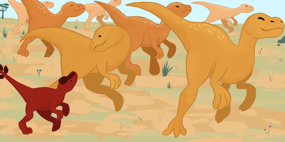 illustration of a herd of yellow velociraptors and one small red raptor